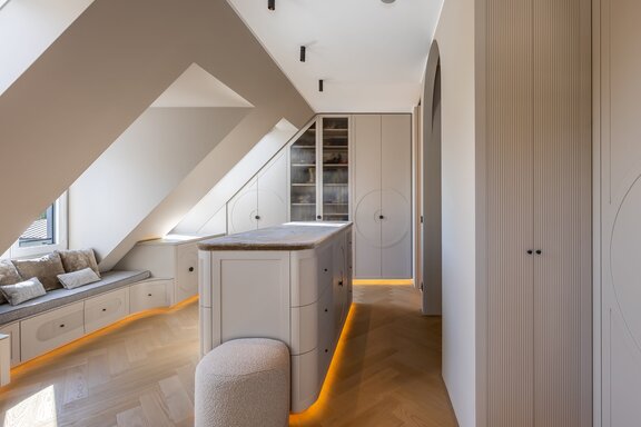 Exclusive walk-in closet with custom-built fixtures