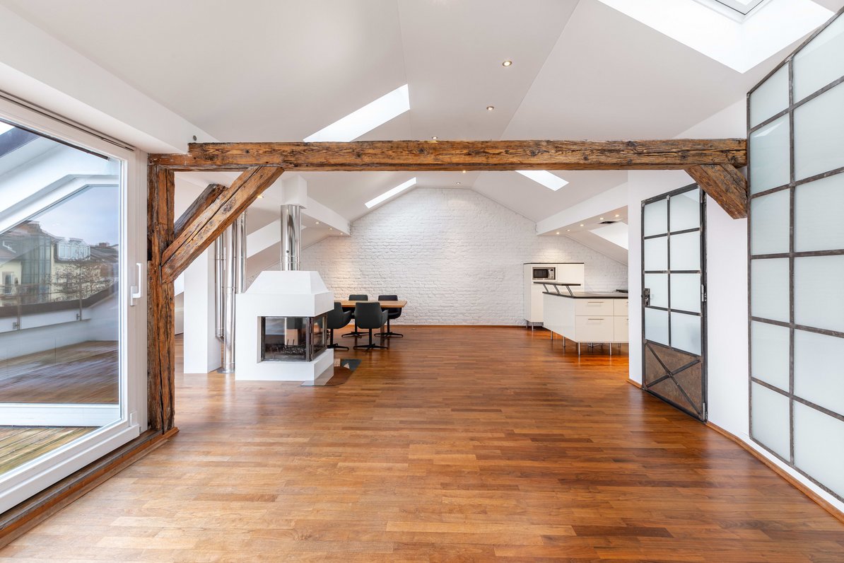 Beams, brick wall and chimney