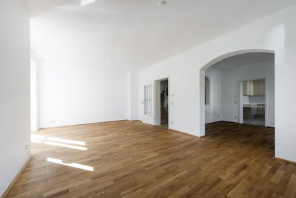 Living and dining area with arched doorway