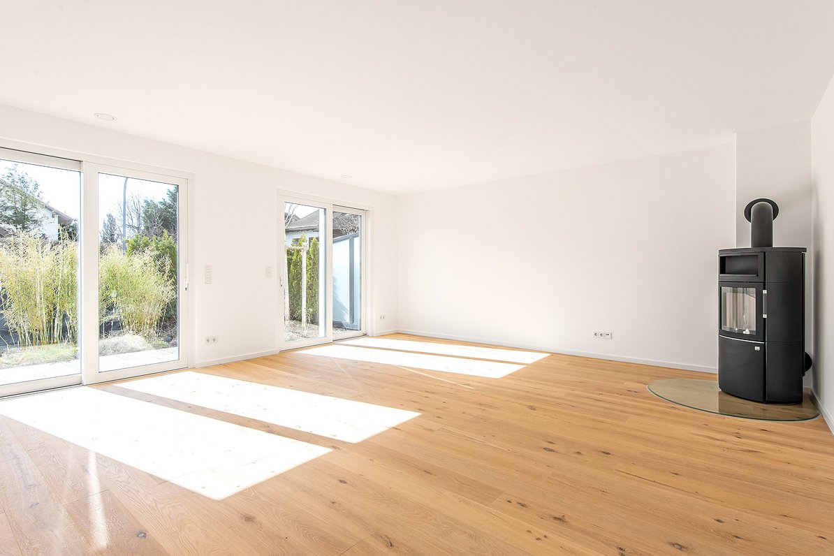 Light-filled living room with fireplace