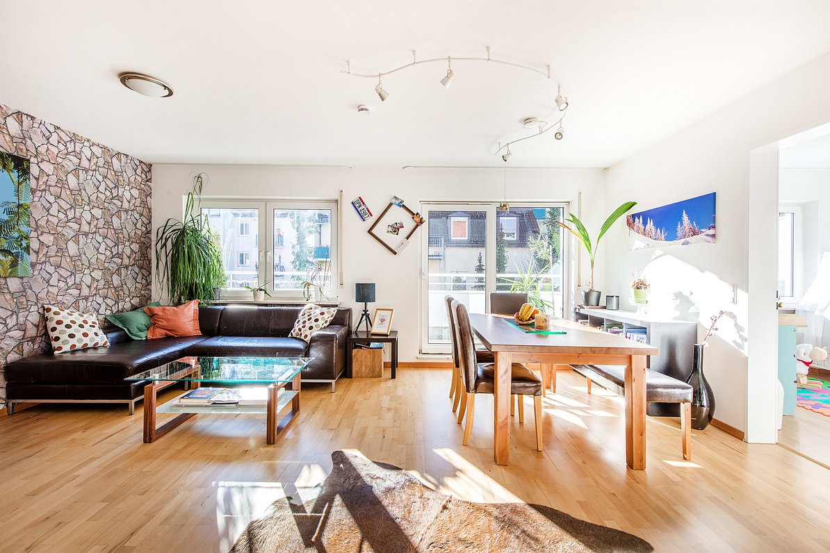 Light filled living and dining area