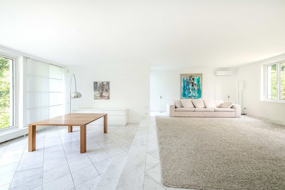 Living and dining area with large windows