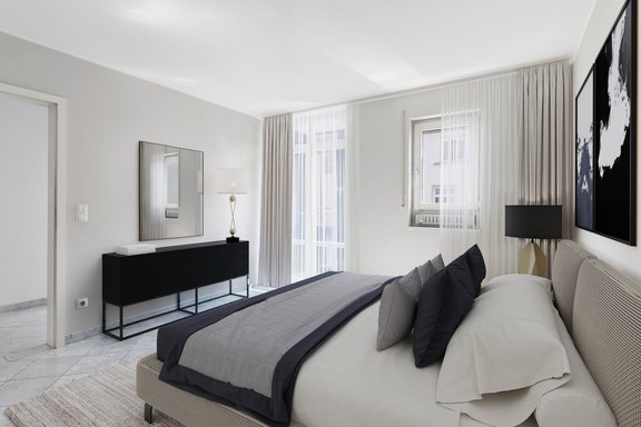 Ideal geschnittenes Schlafzimmer (virtuell möbliert)