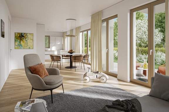 Fenstertüren führen vom Wohn-/Essbereich auf die sonnige Terrasse