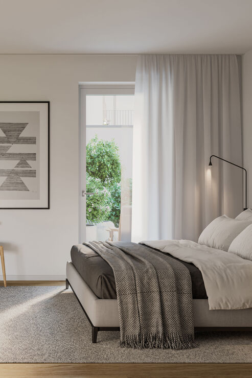 Helles Schlafzimmer mit Masterbad