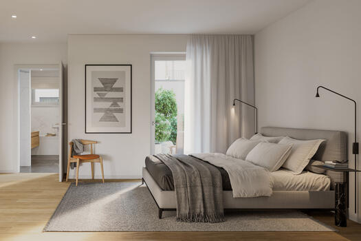 Bright bedroom with master bath