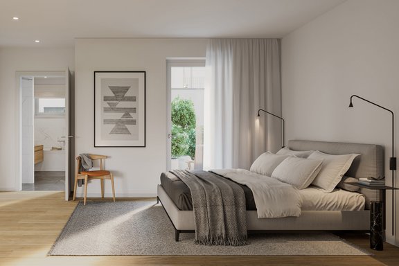 Helles Schlafzimmer mit Masterbad