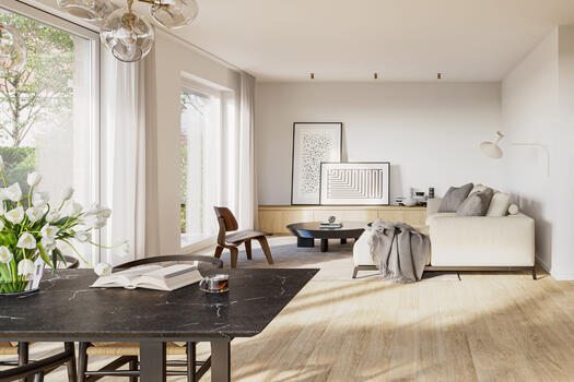 Light-flooded living / dining area