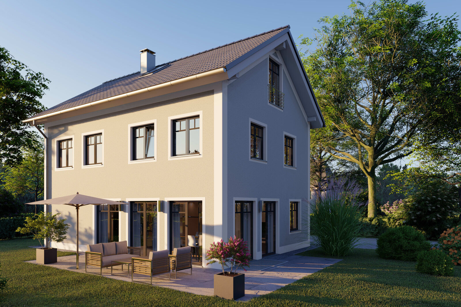Hausansicht bei Abenddämmerung (Visualisierung)