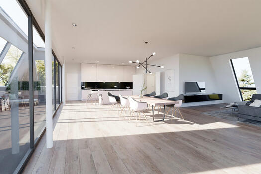 Floor-to-ceiling windows provide a view of the roof terrace and the greenery (Illustration)