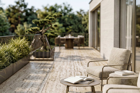 Natural stone patio with a view (rendering)