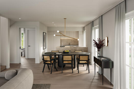Open-plan living, dining and cooking area with floor-to-ceiling windows and two balconies for a bright, airy ambience