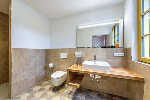 Tasteful, bright bathroom