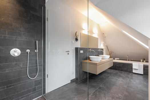 Master bathroom with bath and shower