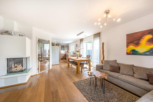 Living and dining area with open plan kitchen