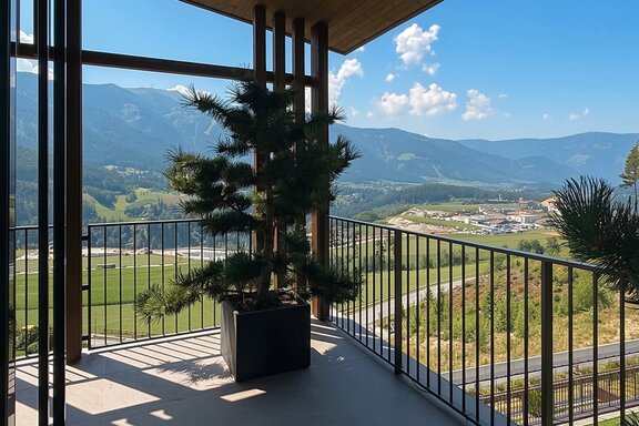 Terrasse mit weitem Blick über die Bergwelt