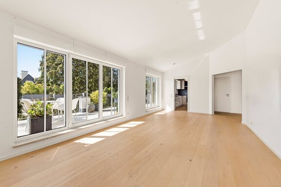 A light-filled living and dining area with an adjoining kitchen