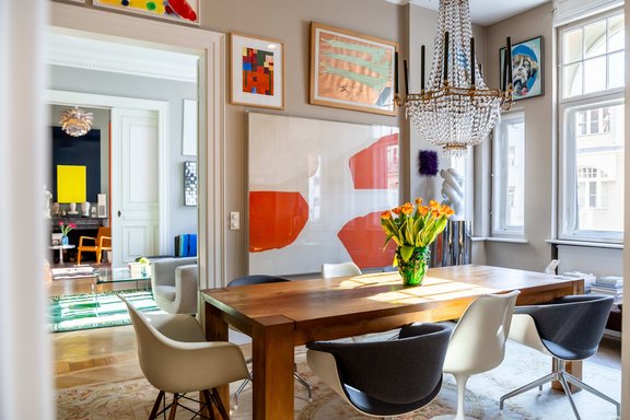 Ceiling stucco, herringbone parquet, and historic details