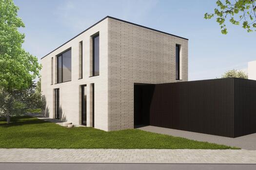 Neubaustudie: Straßenansicht mit Doppelgarage