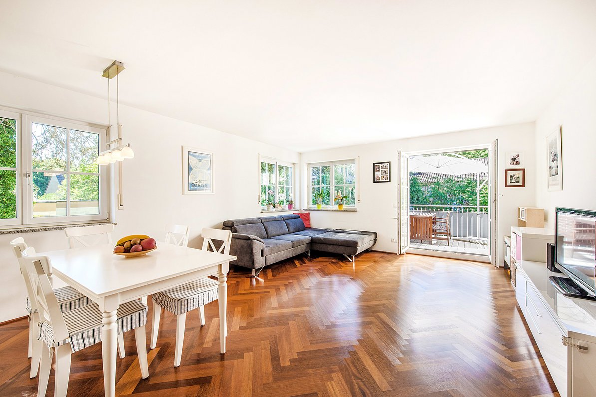 Sunlit living and dining area