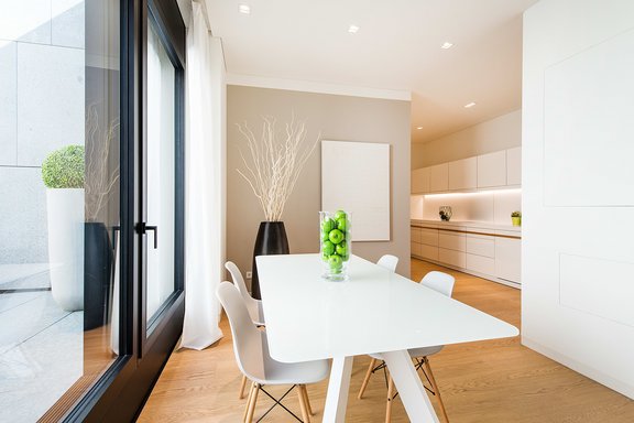 Dining area with adjoining kitchen