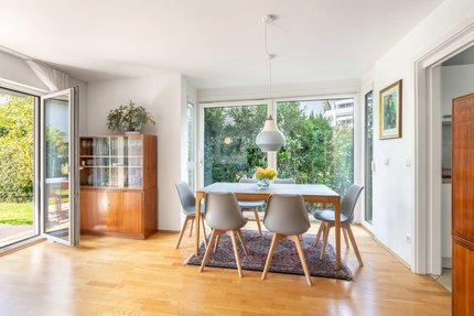 Dining area in the glass bay window