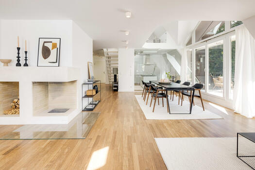 Spacious living with fireplace