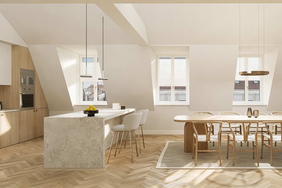 Offen gestalteter Wohn-, Ess-, und Kochbereich (Visualisierung)