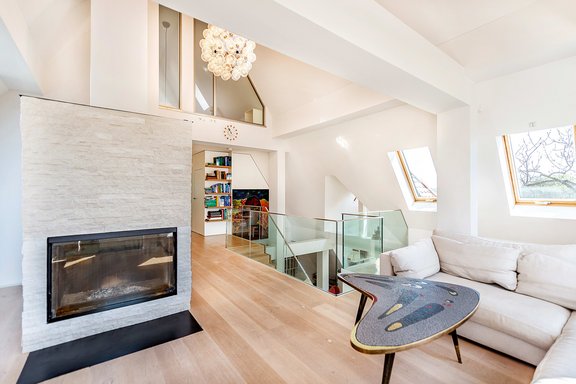 Living area with open fireplace