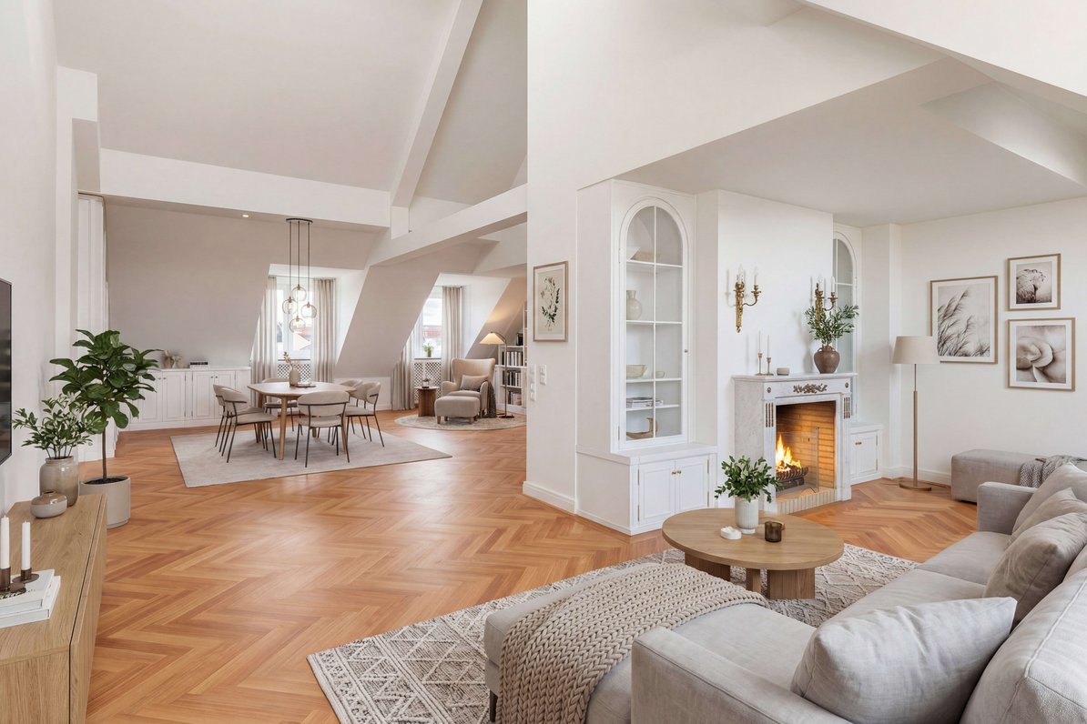 Living area with open fireplace (virtually furnished)