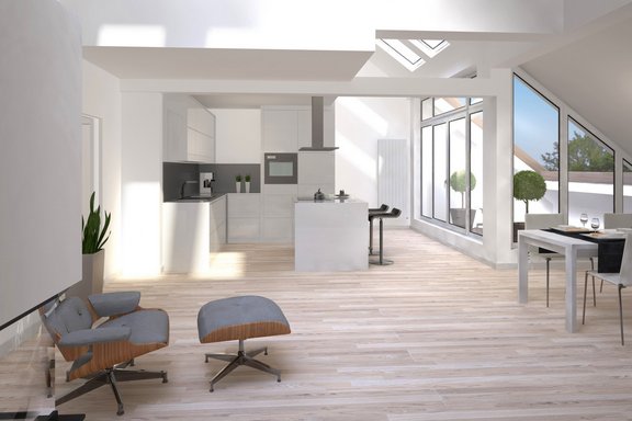 Wohnküche mit Zugang zur Dachterrasse (Visualisierung Ausbauvorschlag)
