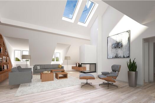 Living area with open fireplace (visualisation of proposed extension)