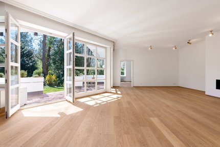 Bright living area with fireplace