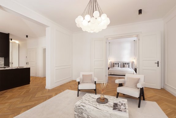 Fischgrätparkett und Stuckleisten