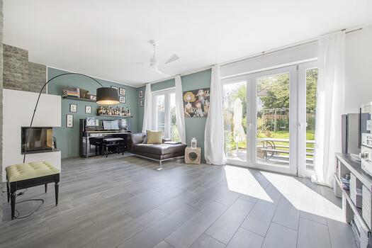 Light living area with fireplace