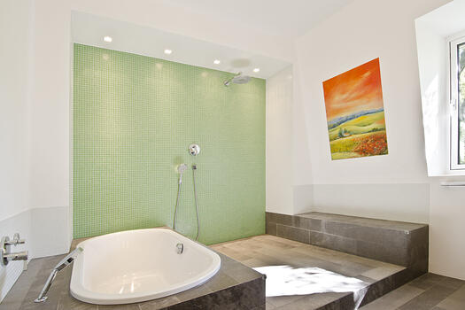 Bathroom with open shower and bathtub