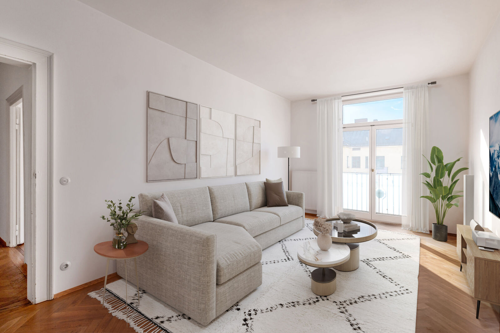 Wohnzimmer mit Südbalkon (virtuell möbliert)
