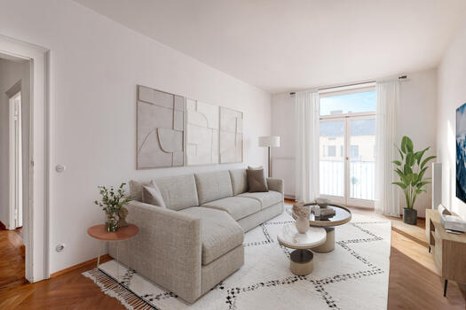 Living room with south-facing balcony (virtually furnished)