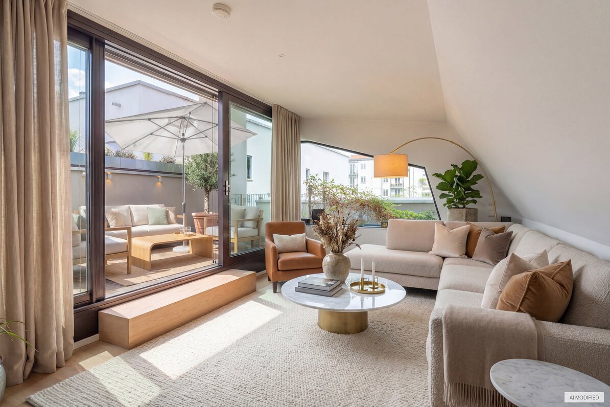 Living area with rooftop terrace (virtually furnished)
