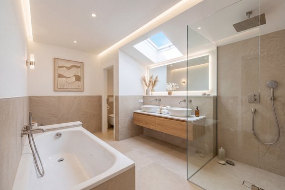 Modernes Badezimmer (virtuell möbliert)