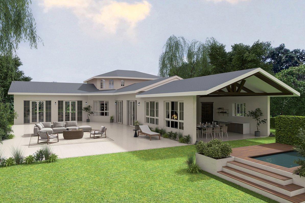 Visualization of the exterior view with secluded terrace and covered outdoor seating area after possible renovation