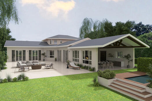 Visualization of the exterior view with secluded terrace and covered outdoor seating area after possible renovation