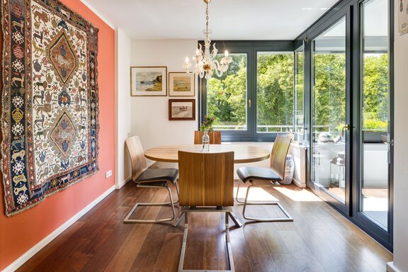 Dining area with a view of the countryside