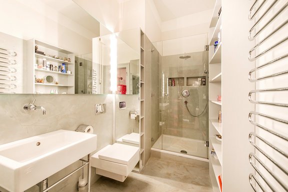 Trendy modern bathroom with shower