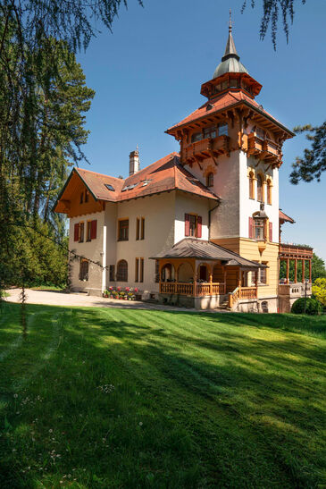 Stattliche Villa mit Erker und hohen Fenstern hinter alten Bäumen, davor eine Wiese im Sonnenlicht.