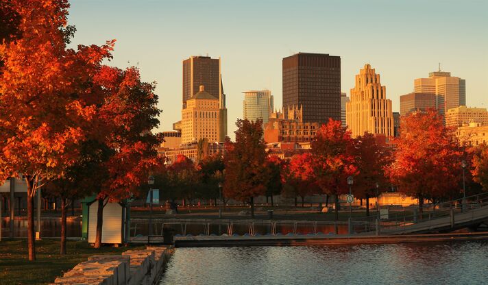 High-rises of a city centre in warm evening light, in front a canal and trees with bright red autumn foliage.
