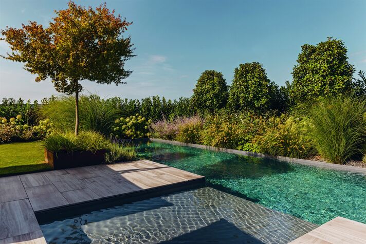 Langes Wasserbecken mit türkisfarbenem Grund liegt zwischen Kiesflächen, Holzdeck und dicht bepflanzten Beeten, dahinter eine Baumreihe.