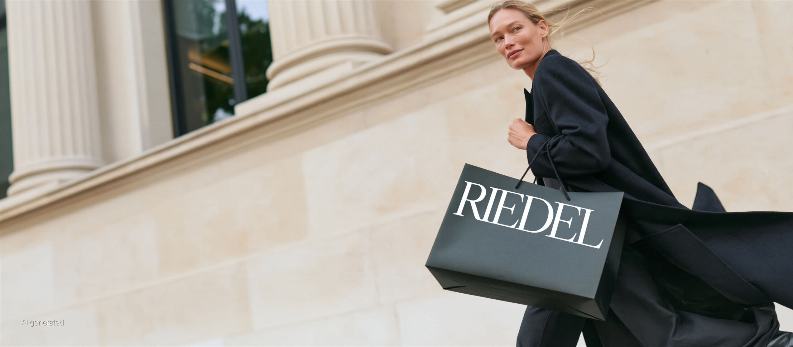 Elegante Frau mit RIEDEL Tasche vor historischer Fassade in München.
