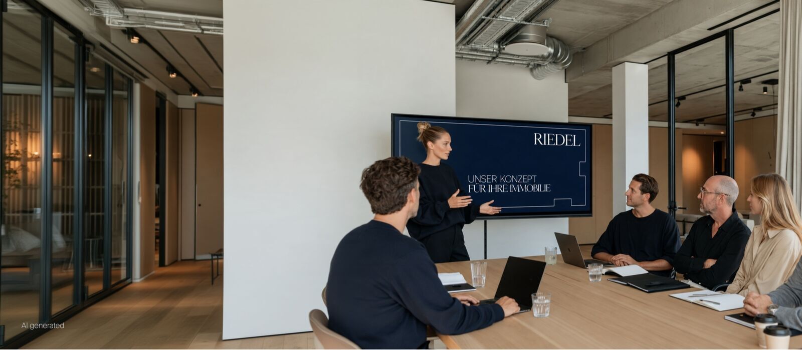 RIEDEL Team präsentiert ein Immobilienvermarktungskonzept bei einer Besprechung