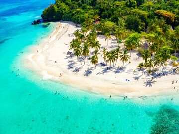 A tropical palm-fringed beach with a turquoise-blue sea, seen from a bird's-eye view